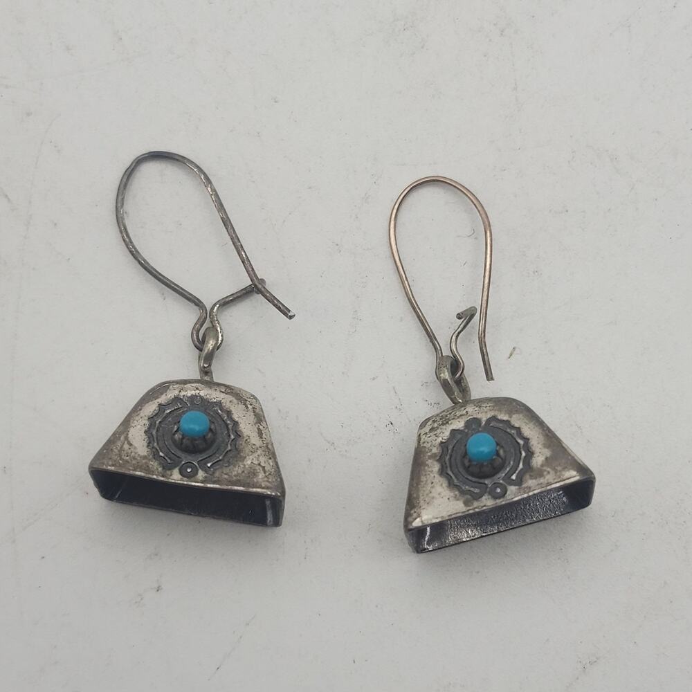 Sterling Silver Faux Turquoise Bell Dangle Earrings Southwest Boho Hook 3g Pair